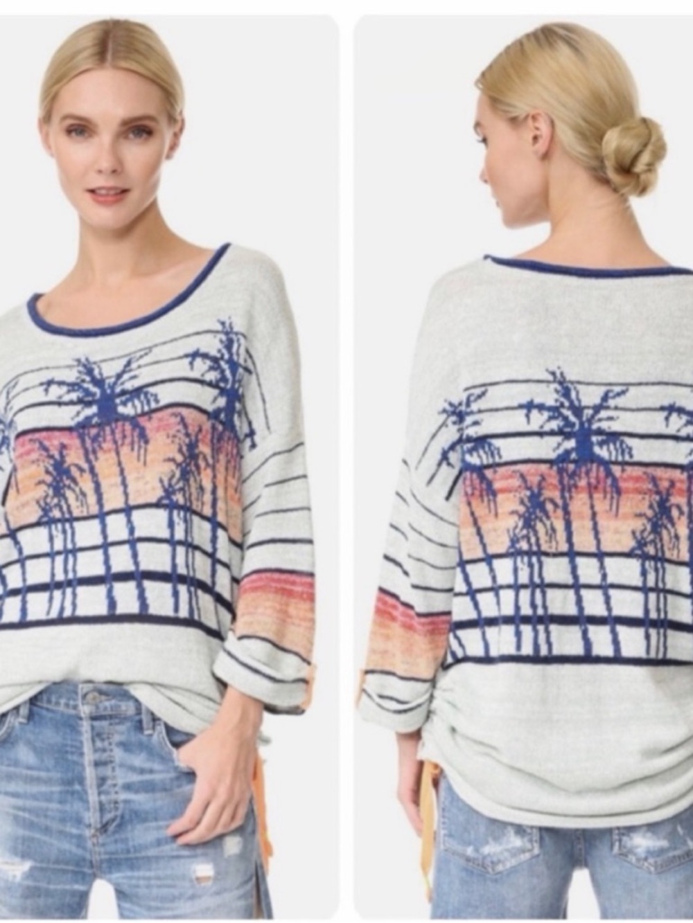 Free People Women's Palm Tree Breeze Knit Ruched Sweater Pullover Top Sunset S - Picture 2 of 11